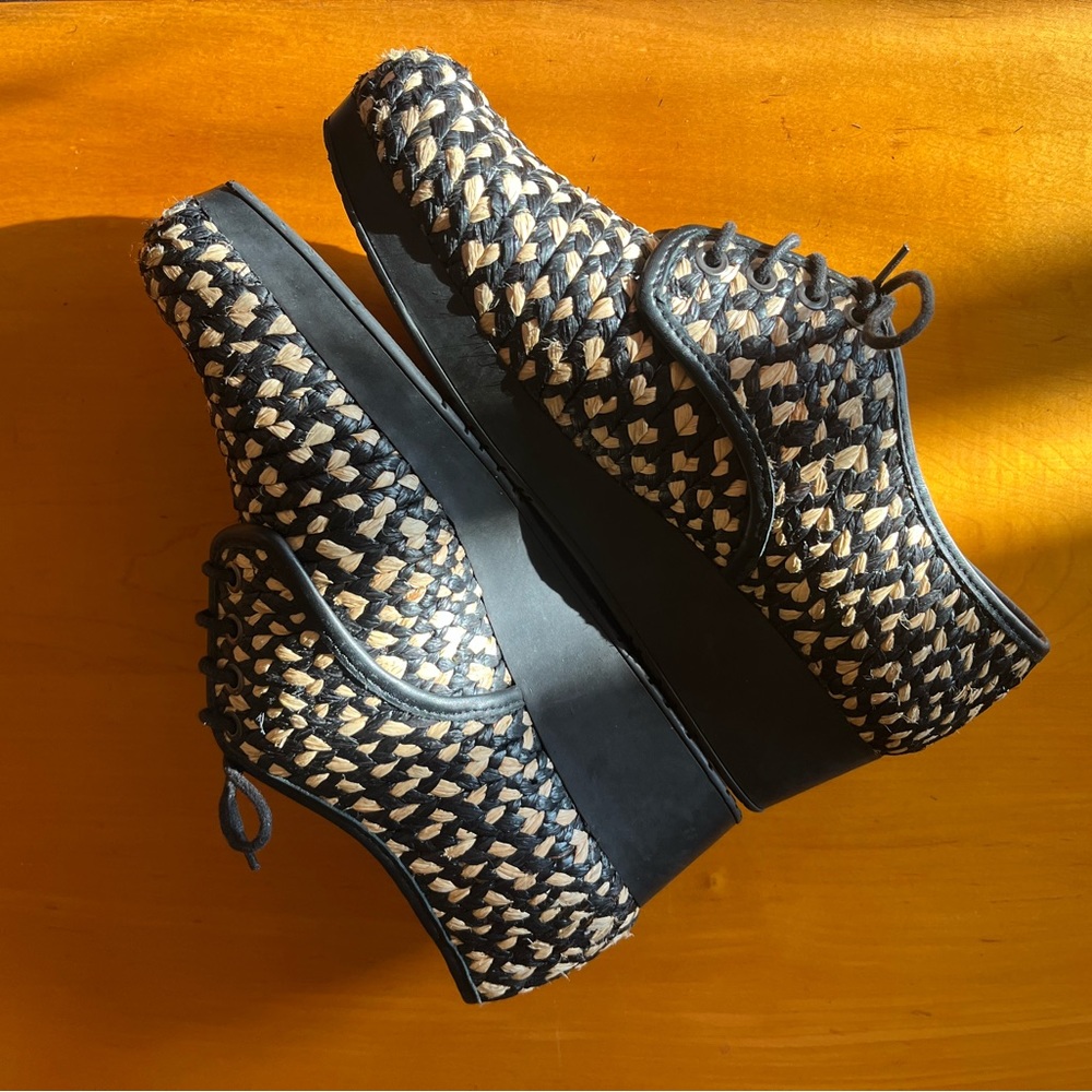 Robert Clergerie Paris Raffia Jupa Brogue Black/Tan Wedge Oxfords Sz.38